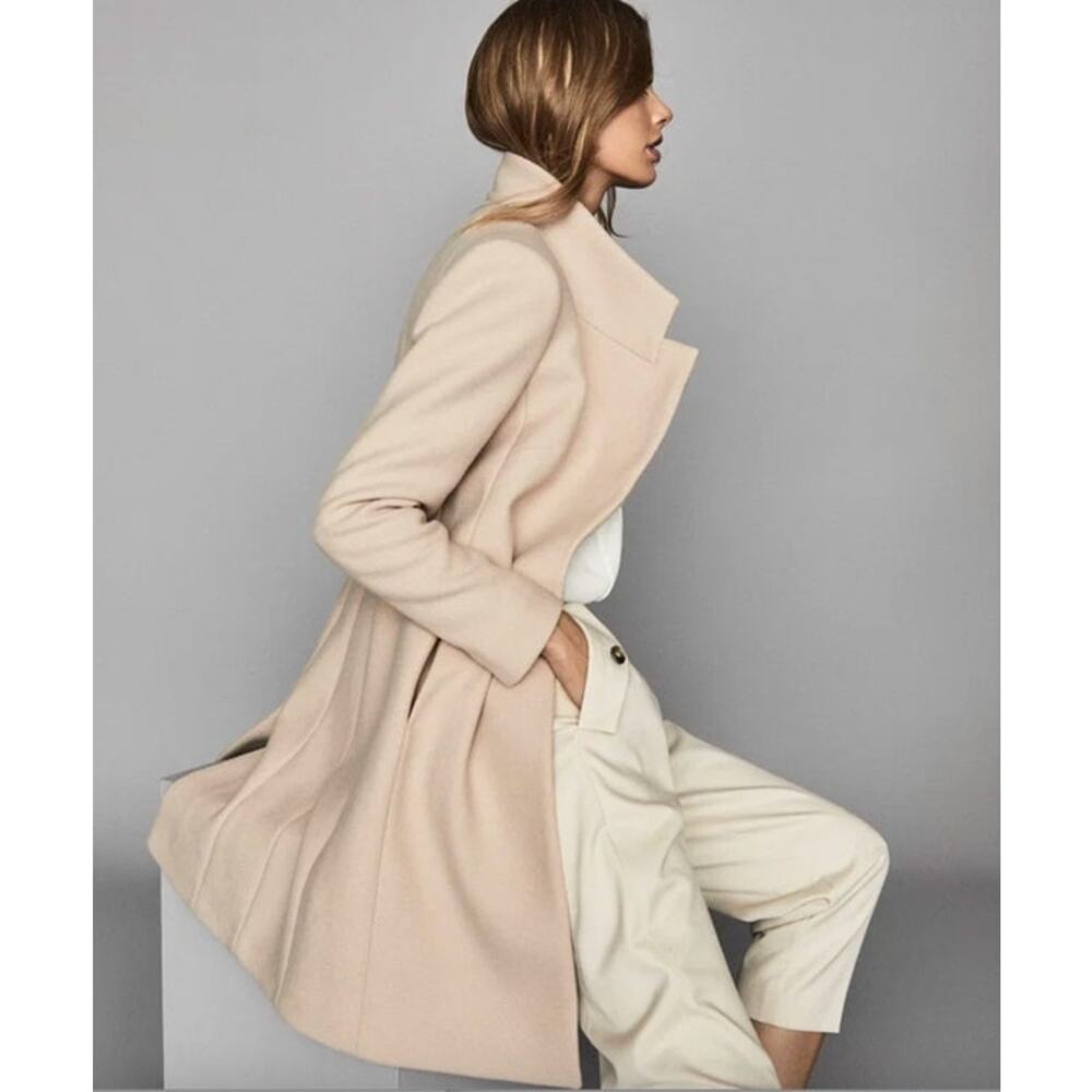 REISS Coat Size 12 NEW Maya Wool Blend Slim Wrap Collar Jacket Cream Tan $620 - Picture 11 of 13